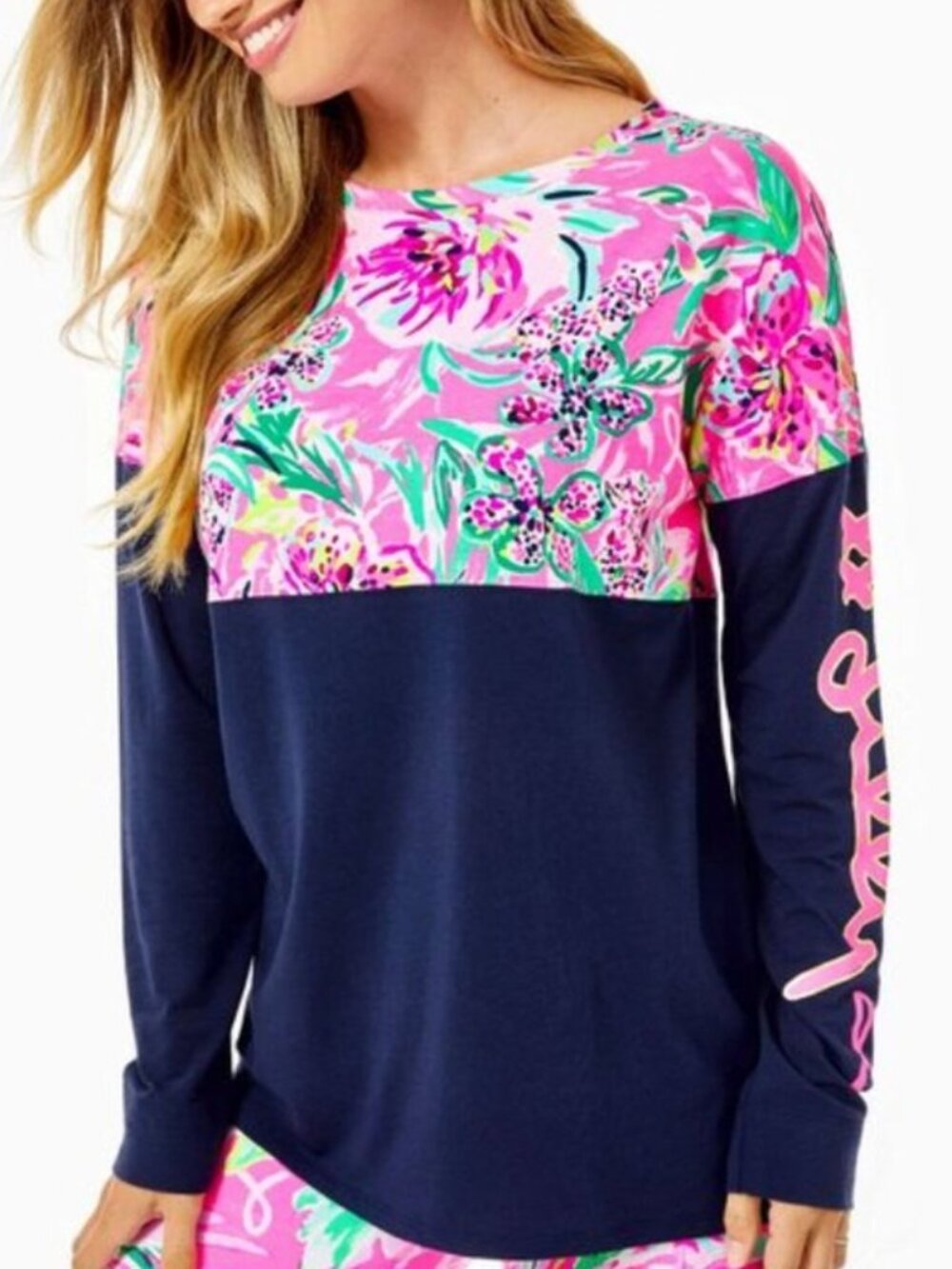 Lilly Pulitzer Long Sleeve Finn Top Breast Cancer Navy Pink Cockatoo Size Small